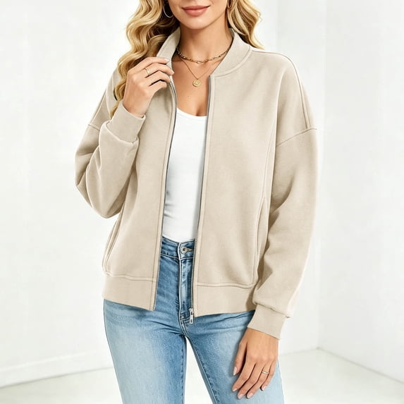 Women's Fleece Zip Up Jacket - Casual Long Sleeve Bomber Jacket With Ribbed Cuffs & Hem For Fall Winter Outerwear Beige L