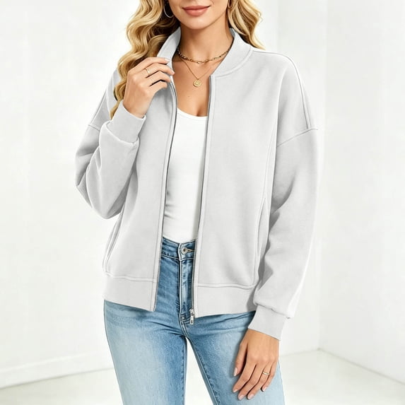 Women's Fleece Zip Up Jacket - Casual Long Sleeve Bomber Jacket With Ribbed Cuffs & Hem For Fall Winter Outerwear Gray S