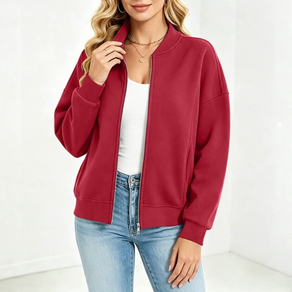 Women's Fleece Zip Up Jacket - Casual Long Sleeve Bomber Jacket With Ribbed Cuffs & Hem For Fall Winter Outerwear Wine XL
