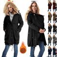 thumbnail image 1 of Women's Fleece Zip Up Jacket Maternity 3 in 1 Long Fuzzy Jackets Outerwear with Pockets Thickened Thermal Hooded Parka Cold Weather Winter Coat, 1 of 9