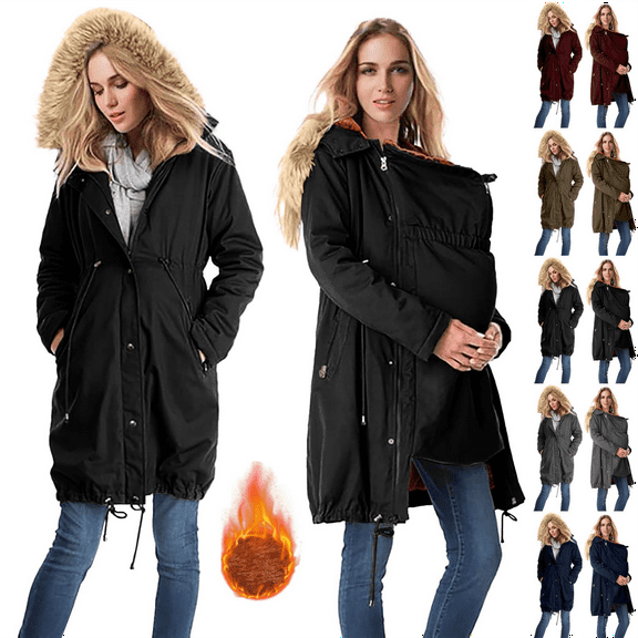Women's Fleece Zip Up Jacket Maternity 3 in 1 Long Fuzzy Jackets Outerwear with Pockets Thickened Thermal Hooded Parka Cold Weather Winter Coat