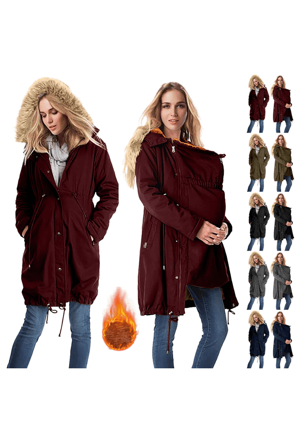 Women's Fleece Zip Up Jacket Maternity 3 in 1 Long Fuzzy Jackets Outerwear with Pockets Thickened Thermal Hooded Parka Cold Weather Winter Coat
