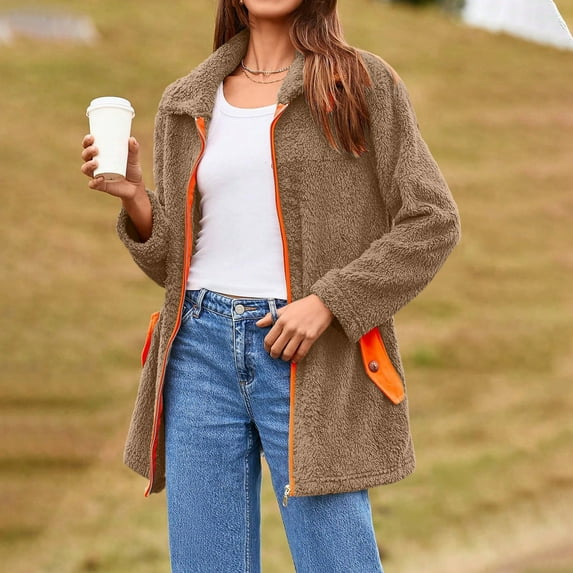 Women's Fleece Zip Up Jacket Oversized Stand Collar Long Sleeve Sherpa Coat Winter Warm Color Block Outerwear with Pockets
