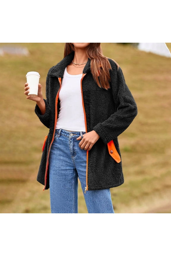 Women's Fleece Zip Up Jacket Oversized Stand Collar Long Sleeve Sherpa Coat Winter Warm Color Block Outerwear with Pockets