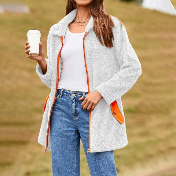 Women's Fleece Zip Up Jacket Oversized Stand Collar Long Sleeve Sherpa Coat Winter Warm Color Block Outerwear with Pockets