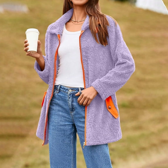 Women's Fleece Zip Up Jacket Oversized Stand Collar Long Sleeve Sherpa Coat Winter Warm Color Block Outerwear with Pockets