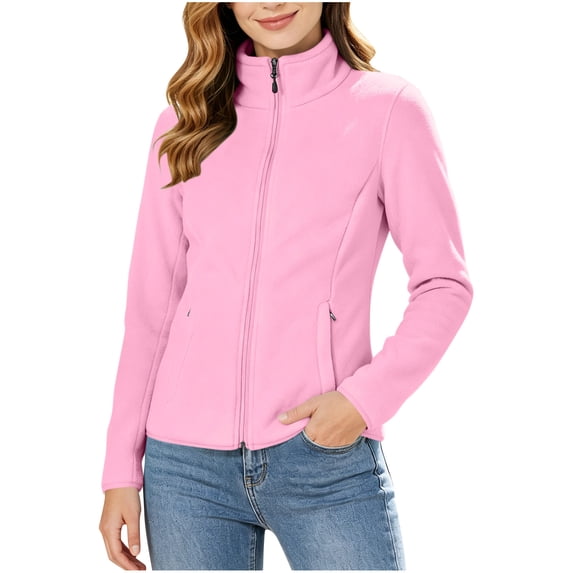 Women’s Fleece Zip up Jackets - Long Sleeve Stand Neck Soft Comfy Coat - Fall Winter Warm Zipper Daily Outerwear with Pockets