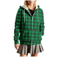 thumbnail image 1 of Women's Fleeze Lined Color Block Checkered Jacket Winter Full Zip Up Hooded Plaid Warm Shacket Coat with Pockets, 1 of 5
