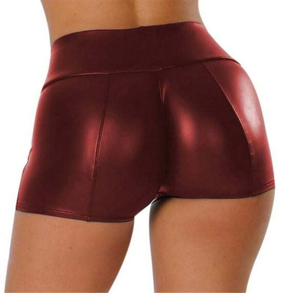 Women's Flexible Club Faux Leather Shorts High Waisted Sexy Disco Short Hot Pants, Red, XL