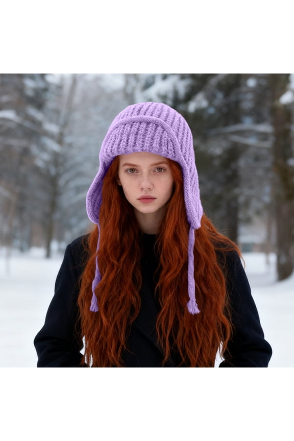 Women's Flight Cap, Women's Woolen Cold-Weather Hat, Large Head Circumference Fashionable Warm Knit Hat Purple