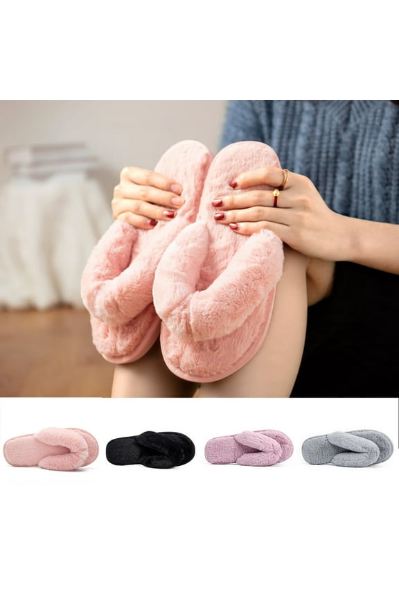 Women's Flip Flop Plush Slippers, Cozy Open Toe House Shoes for Indoor Outdoor, Furry Slides for Women, 9.5-10.5, Gray