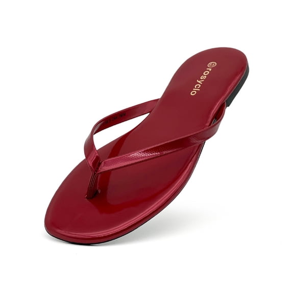 Women's Flip Flops Comfortable Shower Thong Ladies Summer Sandals for Casual Beach Flats Party Dress Sandals Pool Outdoor PU Leather Slides Shiny Red