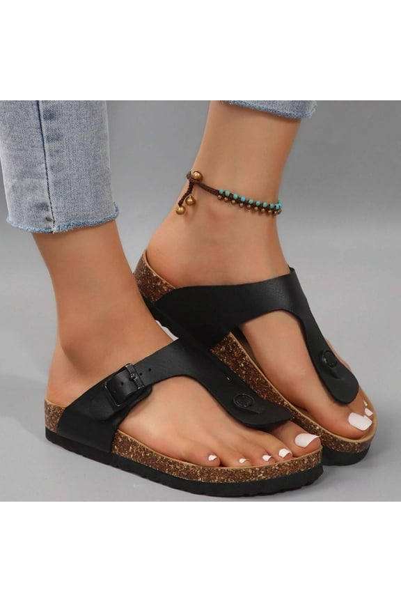 Women's Flip Flops Cork Insole Leather Sandals Adjustable Buckle Summer Beach Outdoor Slippers