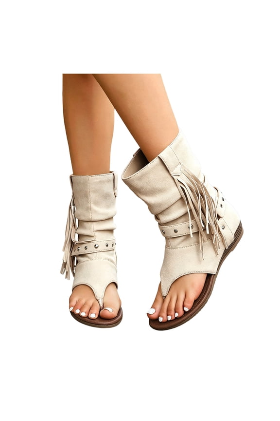 Women's Flip Flops Low Wedge Sandals Fringe Cowgirl Mid Calf Boots Casual Suede Wide Calf Pull on Western Booties White Size 7.5