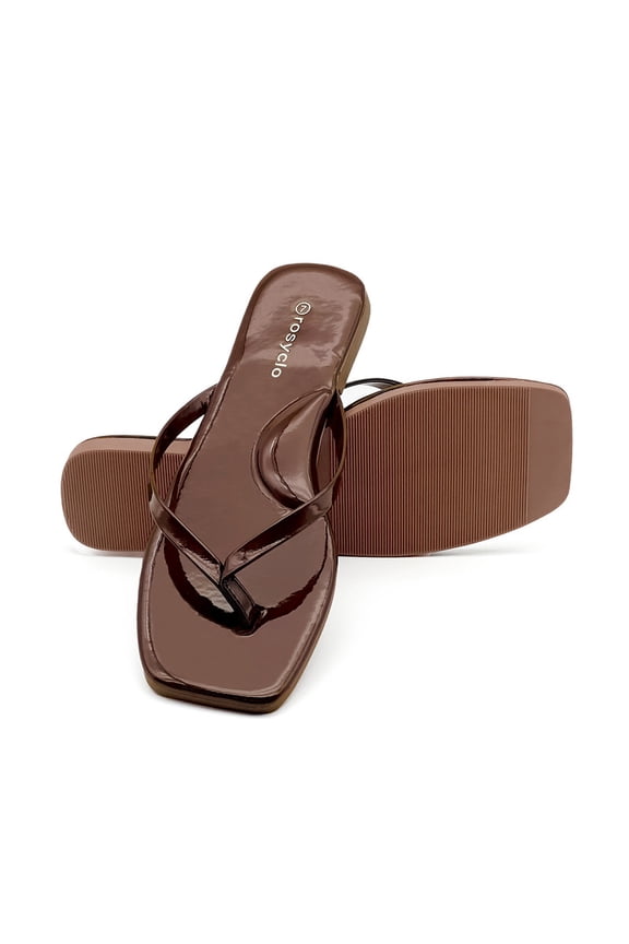 Women's Flip Flops Square Toe Summer Beach Thong Sandals Ladies Casual Flats Party Dress Pool Outdoor PU Leather Fashion Slides Shiny Coffee
