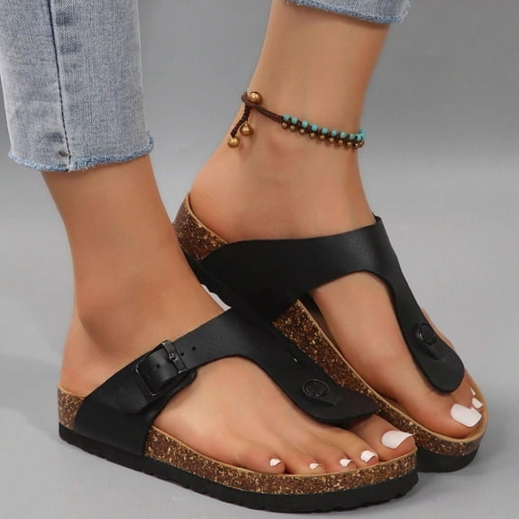 Women's Flip-Flops with Cork Insole and Leather Upper, Adjustable Buckle for Summer Comfort