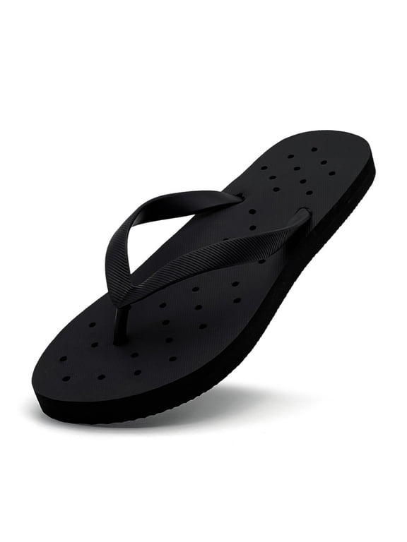 Women's Flip Flops with Drain Holes, Quick-Drying Shower Shoes Lightweight Non-Slip Pool Beach Sandals, Black