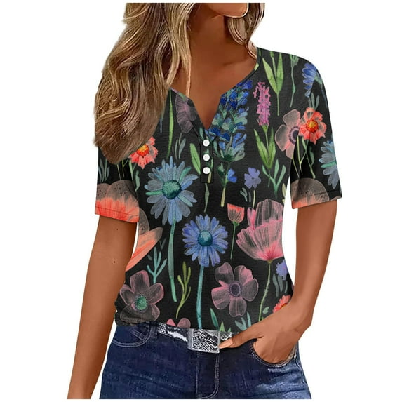 Women's Floal Printing Short Sleeve Tunic Tops for Lady Loose Fit Flowy Vintage Button up Summer Clothes for Teen Girls Fashion 2024 Y2K Tops Dressy Casual V Neck Blouse Black T Shirts M