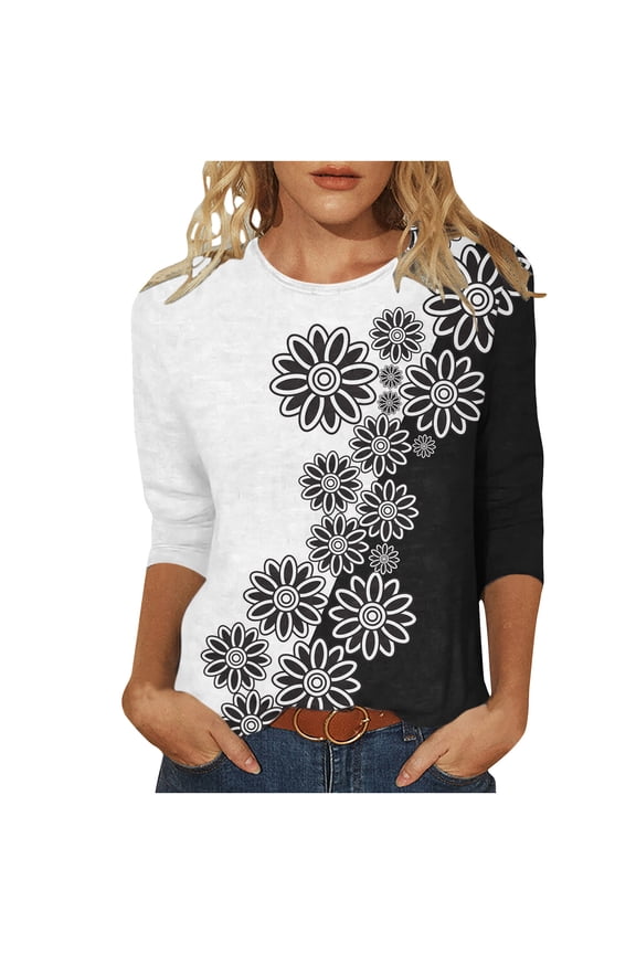 Women's Floal Printing Spring Elegant Shirts Fashion 2024 Round Neck Blouse Vintage Summer Clothes for Teen Girls Y2K Tops Dressy Casual 3/4 Sleeve Tunic Tops Loose Fit Flowy Black T Shirts XXXXL