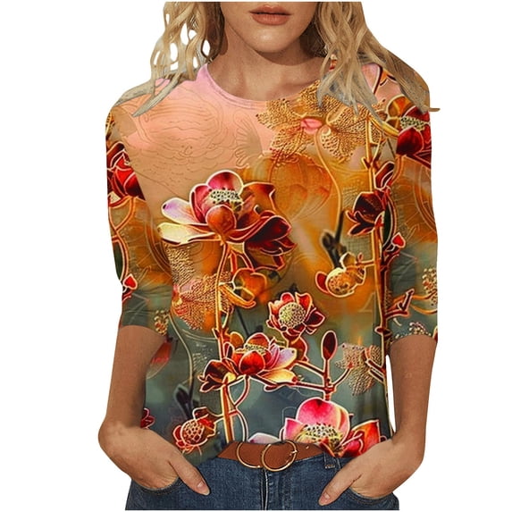 Women's Floal Printing Spring Elegant Shirts Round Neck Blouse Fashion 2024 Dressy Casual Tops for Lady Vintage 3/4 Sleeve Loose Fit Flowy Tunic Tops Summer Clothes for Teen Girls Red T Shirts XXXXL