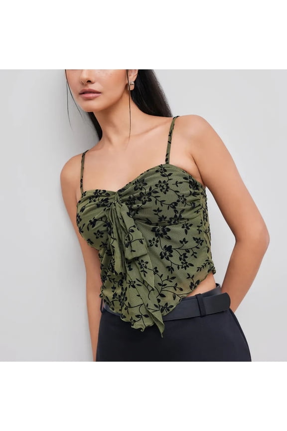 Women's Flocked Floral Mesh Cami Top, Adjustable Spaghetti Strap Sweetheart Drawstring Front Cropped Tank Top