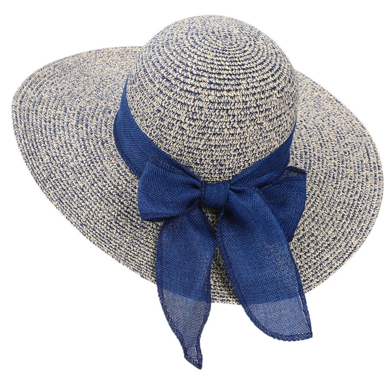 Women's Floppy Sun Hat Foldable Beach Straw Hat Wide Brim Cap,Navy Blue  Ribbon 