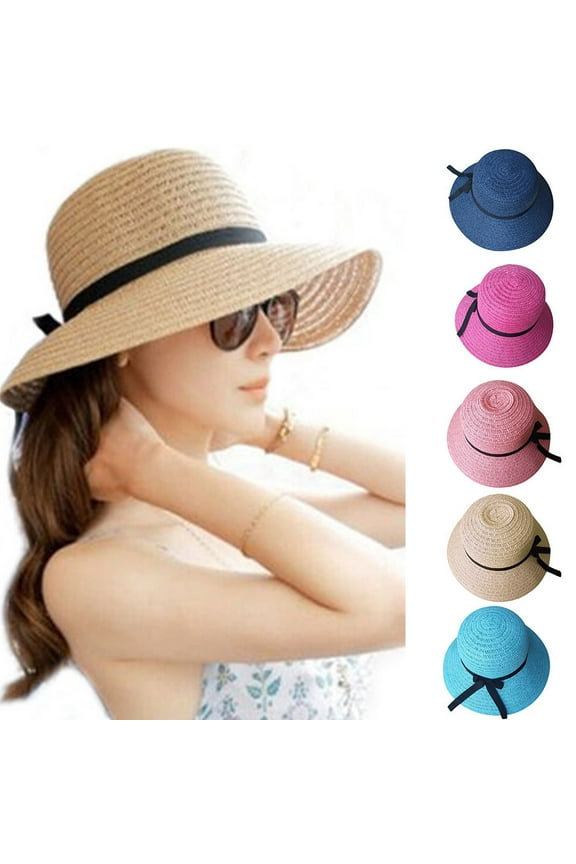 Women's Floppy Sun Hat, Foldable Wide Brim Straw Hat with Bow, Summer Beach Hat for Women, Vacation, Wedding, Church and Outdoor-Beige