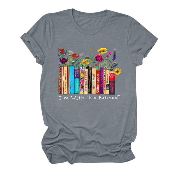 Women's Flora Book Graphic Tees Short Sleeve Loose Fit Flowy Tunic Tops Dressy Casual Tops Book Lover T shirts Round Neck Blouse Fashion 2024 Vintage Summer Clothes for Teen Girls Gray T Shirts XL