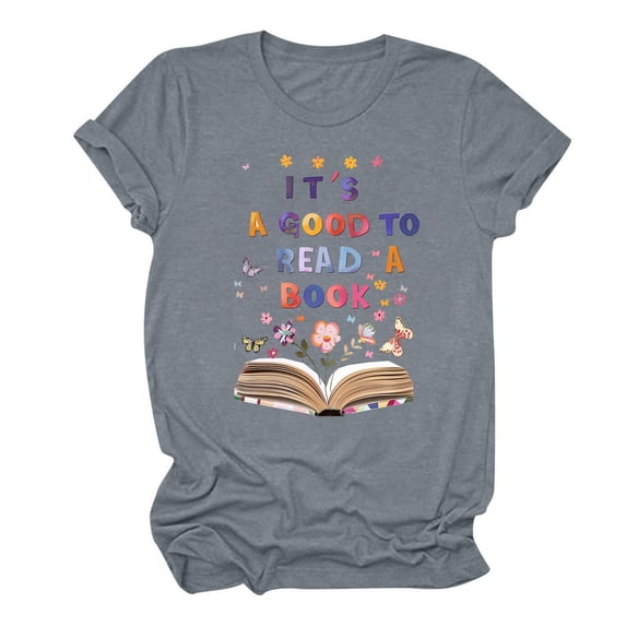 Women's Flora Book Graphic Tees Short Sleeve Loose Fit Flowy Tunic Tops Dressy Casual Tops Vintage Round Neck Blouse Fashion 2024 Book Lover T shirts Summer Clothes for Teen Girls Gray T Shirts L