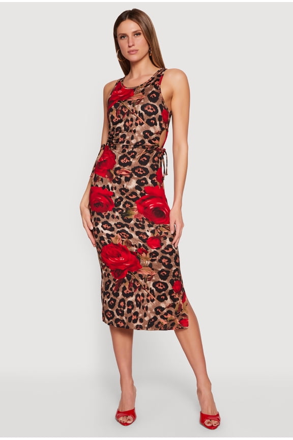 Women's Floral Animal Print Drawstring Sides Midi Dress