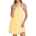 thumbnail image 1 of Women's Floral Backless Mini Halter Neck Applique Layered Ruffled Hem Dress for Party Yellow L, 1 of 9