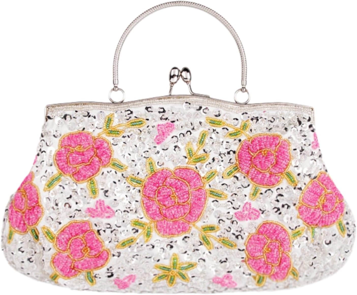 Women's Floral Beaded Embroidered Clutch Purse with Sequins and Detachable Chain - Elegant Evening Bag for Wedding Party