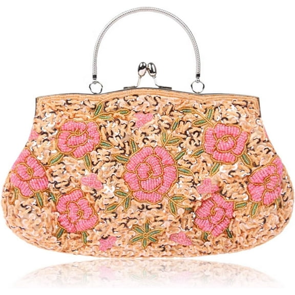 Women's Floral Beaded Embroidered Clutch Purse with Sequins and Detachable Chain - Elegant Evening Bag for Wedding Party