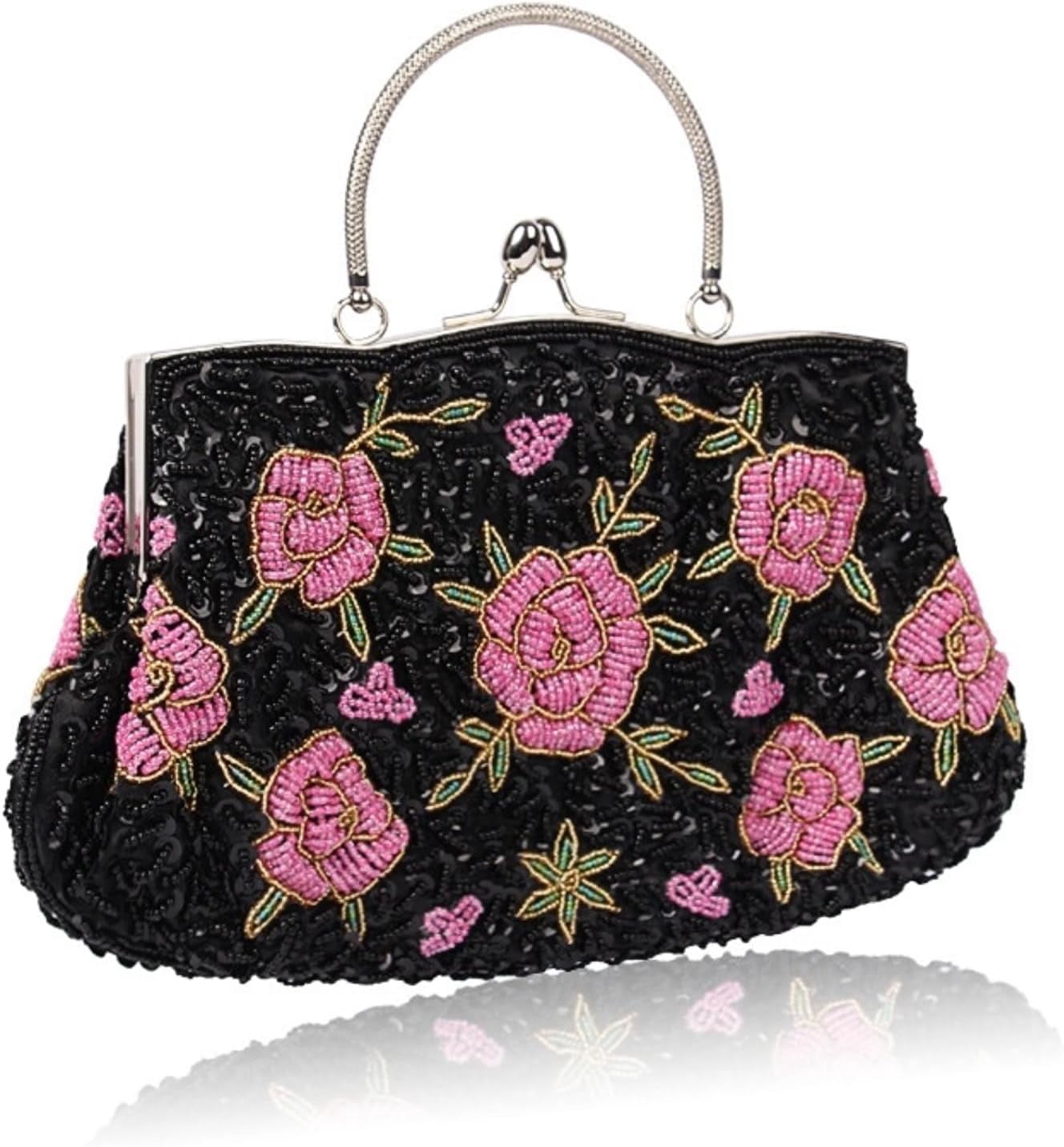 Women's Floral Beaded Embroidered Clutch Purse with Sequins and Detachable Chain - Elegant Evening Bag for Wedding Party