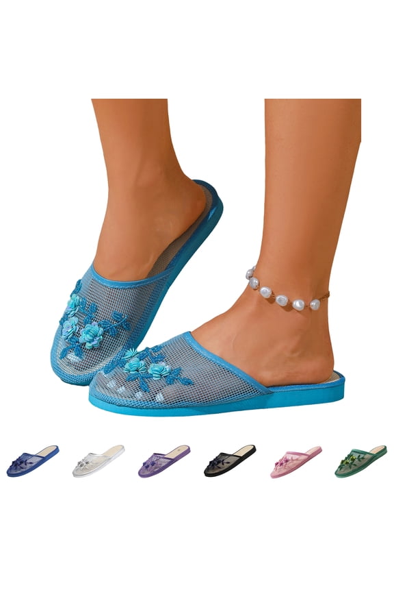Women's Floral Beaded Mesh Slippers, Sequin Rose Embellished Slide with Indoor House Shoes 38