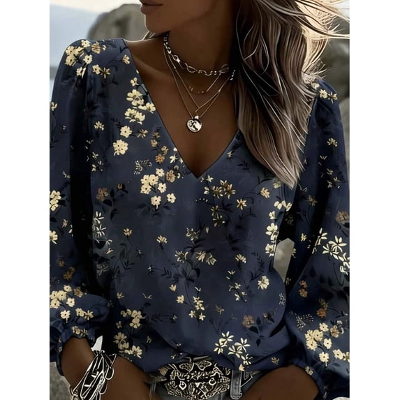 Women's Floral Blouse V-Neck Long Sleeve Lantern Sleeve Ruffle Cuff Loose Fit Top for Spring Fall Layering Office Commute Vacation Daily Outfits