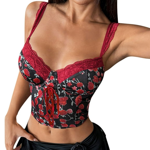Women's Floral Body Suit Shapewear Red Lace Accents Adjustable Spaghetti Straps Overbust Corset Tops Black L