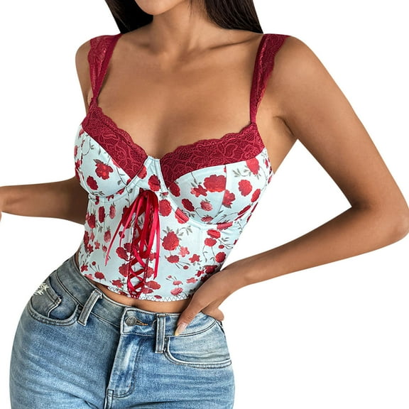 Women's Floral Body Suit Shapewear Red Lace Accents Adjustable Spaghetti Straps Overbust Corset Tops Blue S
