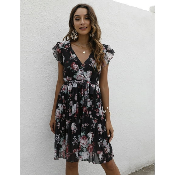 Women's Floral Boho Dress Wear To Work Wrap V Neck Short Sleeve Belted Ruffle Hem A-Line Flowy Maxi Dresses