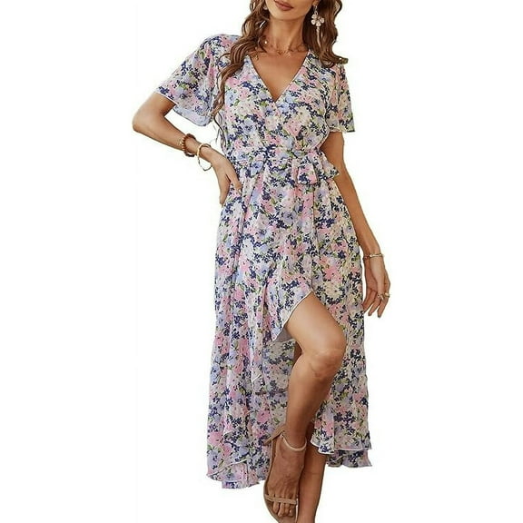 Women's Floral Boho Dress Wear To Work Wrap V Neck Short Sleeve Belted Ruffle Hem A-Line Flowy Maxi Dresses