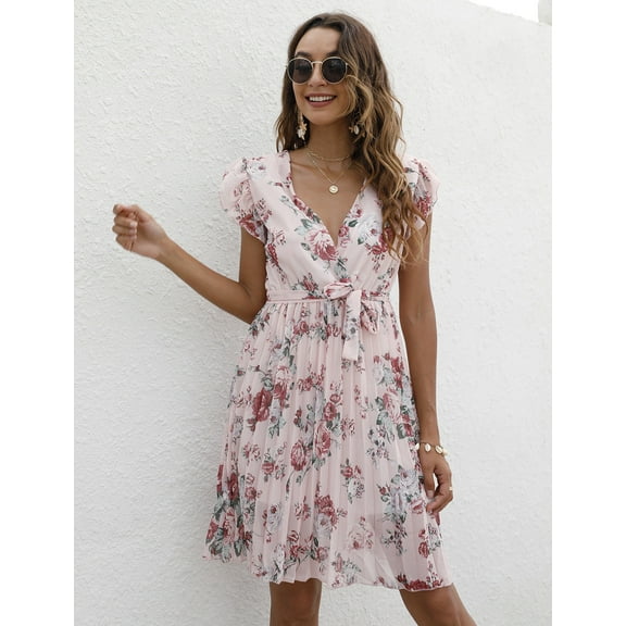Women's Floral Boho Dress Wear To Work Wrap V Neck Short Sleeve Belted Ruffle Hem A-Line Flowy Maxi Dresses