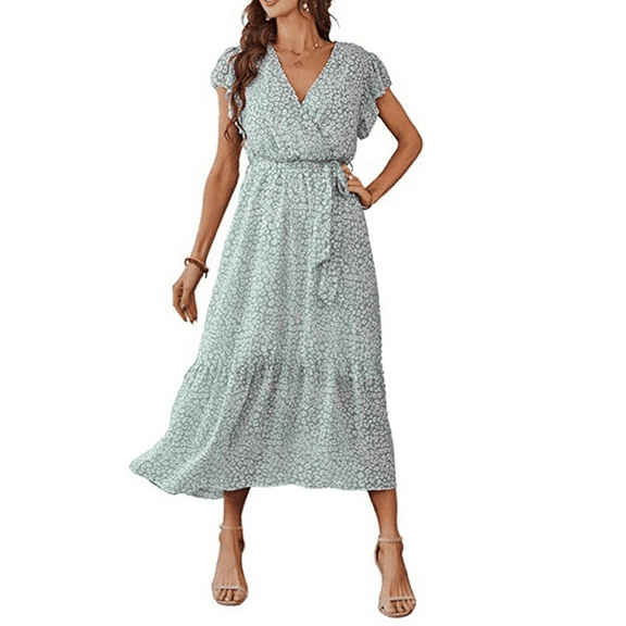 Women's Floral Boho Dress Wrap V Neck Short Sleeve Belted Ruffle Hem A-Line Flowy Maxi Dresses-Green