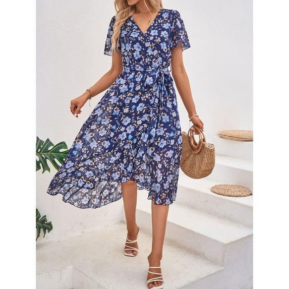 Women's Floral Boho Maxi Dress Wrap Short Sleeve V Neck Ruffle A-Line Flowy Wedding Guest Long Dresses