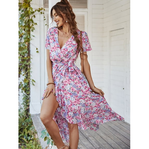 Women's Floral Boho Maxi Dress Wrap Short Sleeve V Neck Ruffle A-Line Flowy Wedding Guest Long Dresses