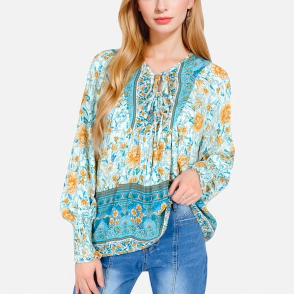 Women's Floral Boho Peasant Blouse with Long Sleeves and Tassel Tie - Medium, Green