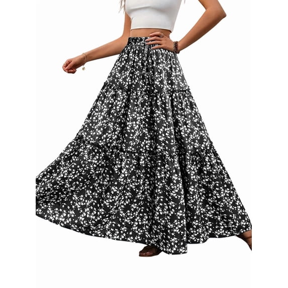 Women's Floral Boho Pleated Maxi Skirts Elastic High Waist Flowy Skirt for Beach Summer Black S