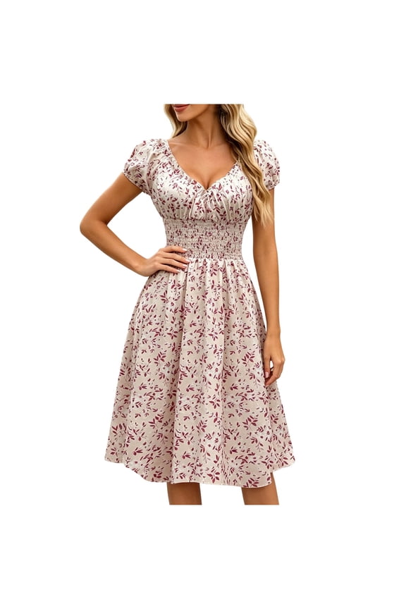 Women's Floral Boho Ruffle Summer Midi Dress Puff Sleeve Sweetheart Neckline Smocked Flowy Dresses
