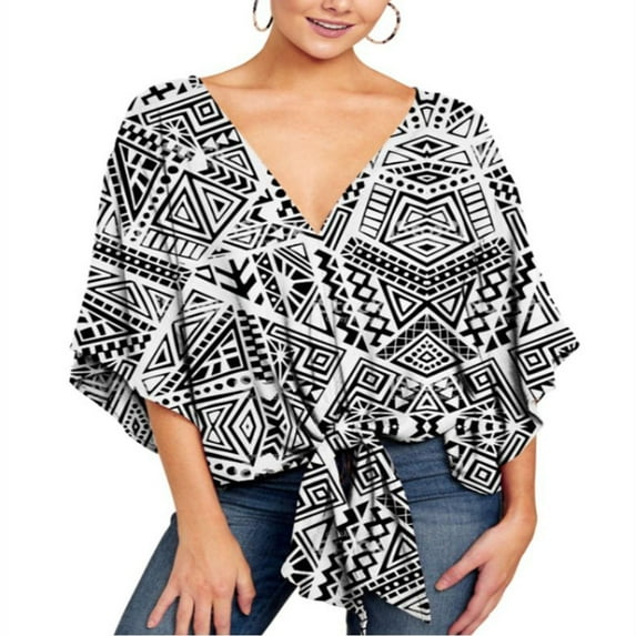 Women's Floral Boho Shirt V Neck Blouse Cotton Soft Fashion Loose Fit Flowy Baggy Tie Waist Peasant Short Sleeve Casual Top Black White 20