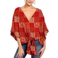 thumbnail image 1 of Women's Floral Boho Shirt V Neck Blouse Cotton Soft Fashion Loose Fit Flowy Baggy Tie Waist Peasant Short Sleeve Casual Top Red 16-18, 1 of 1