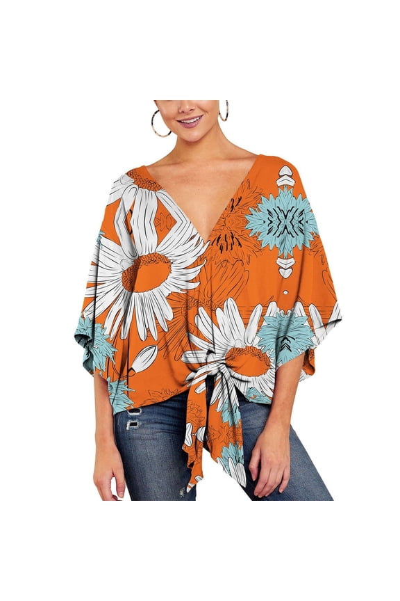 Women's Floral Boho Shirt V Neck Blouse Cotton Soft Fashion Loose Fit Flowy Baggy Tie Waist Peasant Short Sleeve Casual Top Yellow 16-18